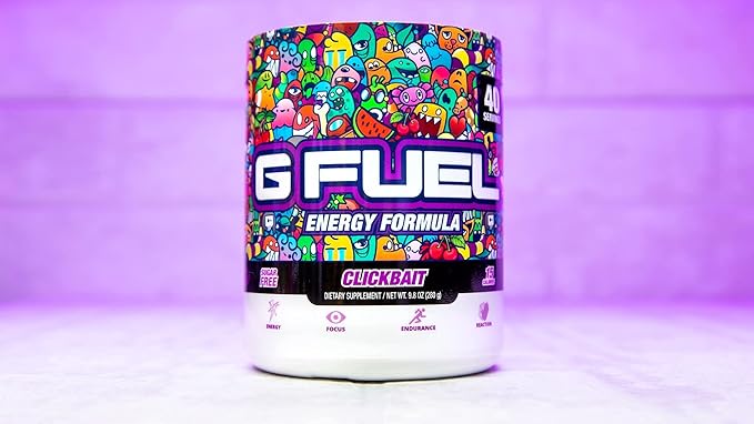 G Fuel Clickbait Energy Drink Powder, Pre Workout Caffeine Mix for Gaming, Sugar Free Focus Amino, Vitamin + Antioxidants, 9.8oz (Cherry Pomegranate, 40 Servings)
