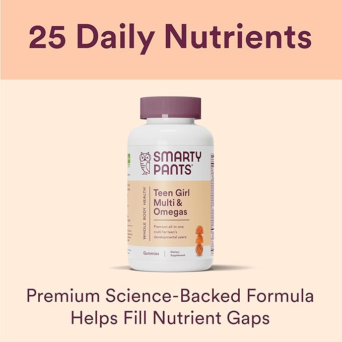 SmartyPants Teen Girl Multivitamin Gummies: Omega 3 Fish D3, C, B12, B6, B6, Vitamin 120 Count (30 Day 2)