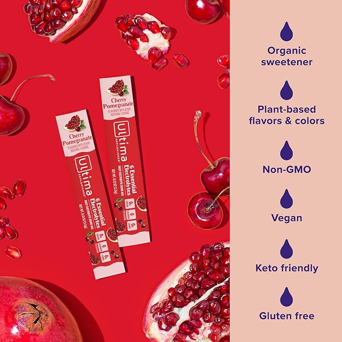 Ultima Replenisher Daily Electrolyte Powder Drink Mix – Cherry Pomegranate, 20 Stickpacks – Hydration Packets with 6 Electrolytes and Minerals – Keto Friendly, Vegan, Non-GMO and Sugar-Free