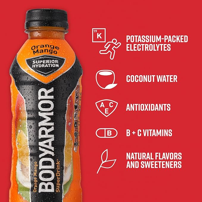 BODYARMOR Sports Drink Sports Beverage, Orange Mango, Coconut Water Hydration, Natural Flavors With Vitamins, Potassium-Packed Electrolytes, Perfect For Athletes, 16 Fl Oz (Pack of 12)