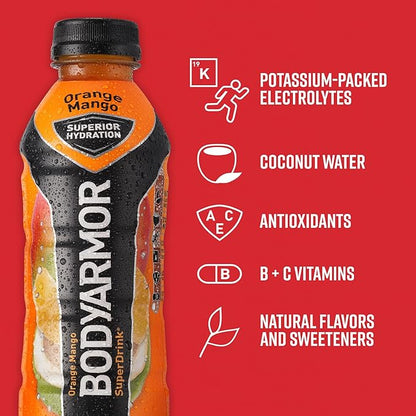 BODYARMOR Sports Drink Sports Beverage, Orange Mango, Coconut Water Hydration, Natural Flavors With Vitamins, Potassium-Packed Electrolytes, Perfect For Athletes, 16 Fl Oz (Pack of 12)