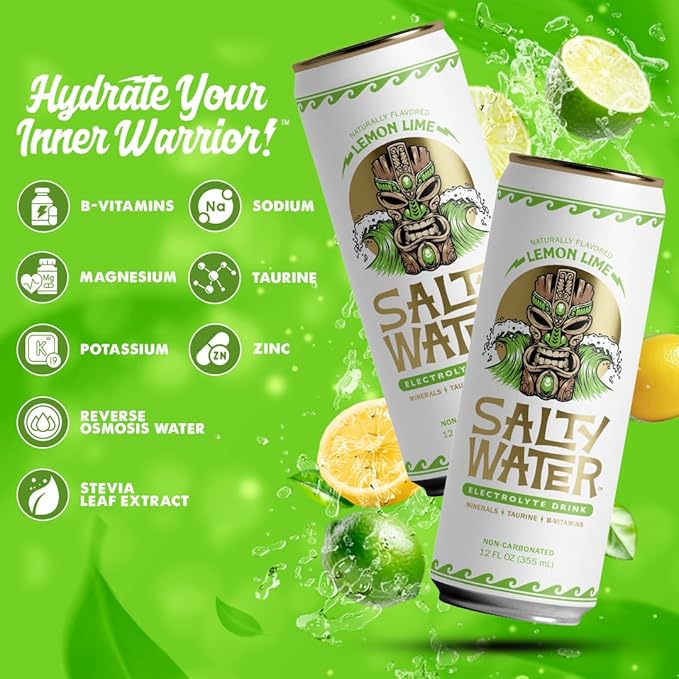 SaltyWater Electrolyte Drink, Lemon Lime – Zero Sugar Premium Hydration Drink, 10 Calories, Minerals, Taurine, B-Vitamins, Non-Carbonated - Zero Caffeine Electrolyte Sports Drink - Keto, Paleo, Vegan - 12 Pack (12 oz)