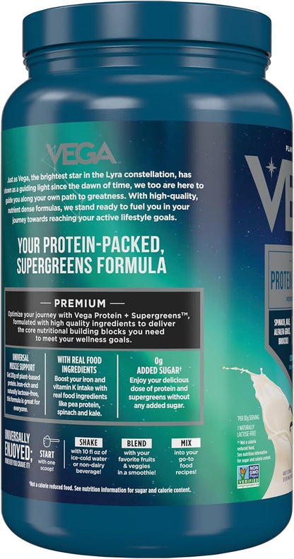 Vega Protein and Greens Protein Powder, Vanilla - 20g Plant Based Protein Plus Veggies, Vegan, Non GMO, Pea Protein for Women and Men, 1.7 lbs (Packaging May Vary)