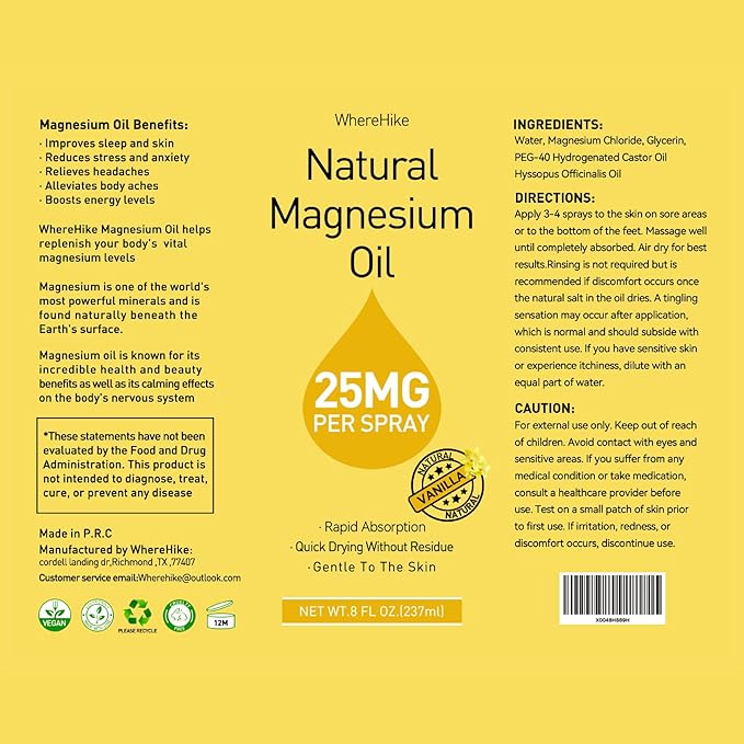 Pure Magnesium Oil Spray for Feet,Ideal Gift for Sleep & Muscle Relaxation,Better Sleep,Rapid Absorption,Quick Drying Without Residue-Vanilla