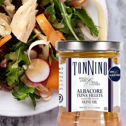 Tonnino Albacore Tuna in Olive Oil 6.3oz Premium 6-Pack: Omega-3 Rich, High Protein, Gluten-Free, Ready-to-Eat Tuna Packets for Tuna Salad, Tuna Fish Alternative to Salmon, Kosher, Pole & Line Caught