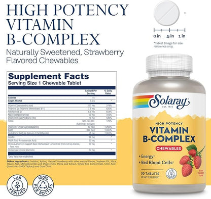 Solaray Vitamin B-Complex Chewables, Strawberry, Healthy Energy, Red Blood Cell, Stress & Metabolism Support, 50 Tablets