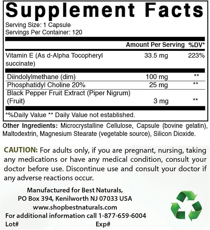 Best Naturals DIM Supplement 100 mg 120 Capsules, DIM for Estrogen Metabolism & Balance, For Menopause, Body Building, PCOS & Hormonal Acne