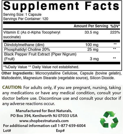 Best Naturals DIM Supplement 100 mg 120 Capsules, DIM for Estrogen Metabolism & Balance, For Menopause, Body Building, PCOS & Hormonal Acne