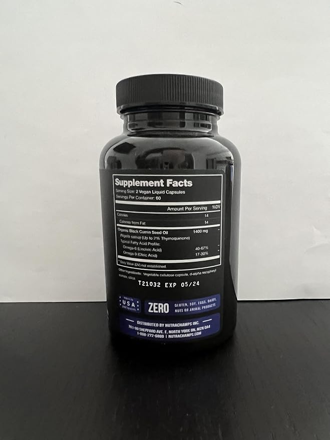 NutraChamps Organic 120 Vegan Softgel Black Cumin Seed Oil Capsules, 1400mg Per Serving Virgin Cold Pressed Nigella Sativa Oil Pills with Thymoquinone & Vitamin E, Rich in Omega 3 6 9