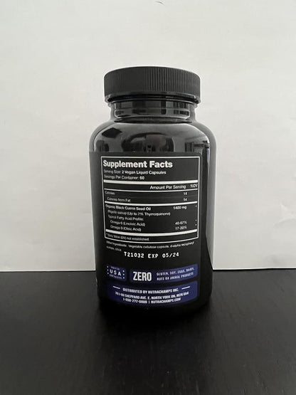 NutraChamps Organic 120 Vegan Softgel Black Cumin Seed Oil Capsules, 1400mg Per Serving Virgin Cold Pressed Nigella Sativa Oil Pills with Thymoquinone & Vitamin E, Rich in Omega 3 6 9