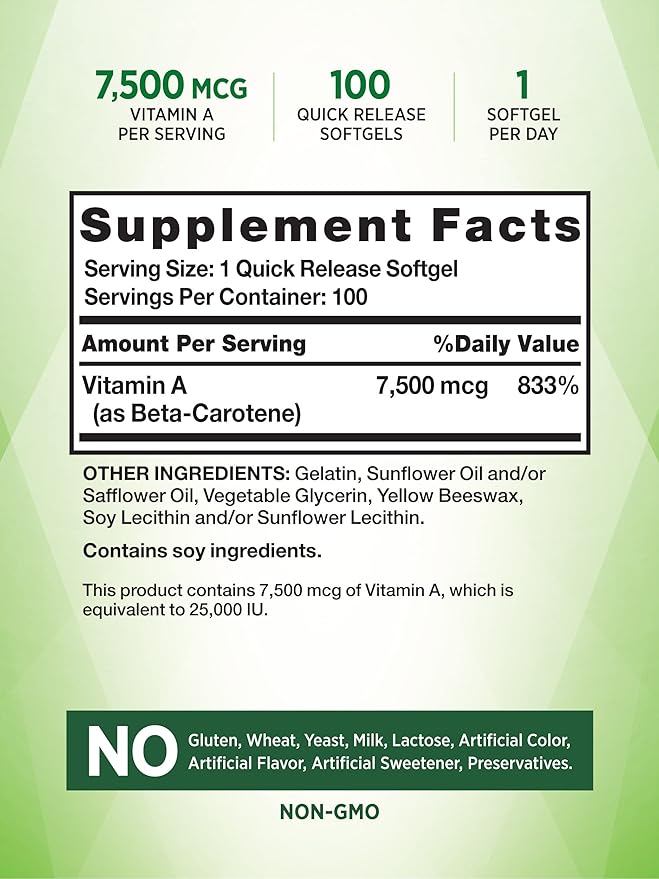 Beta Carotene 25000 IU Softgels 100 Count