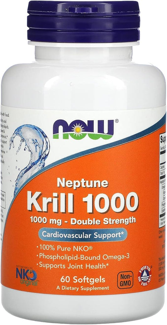 NOW Supplements, Neptune Krill, Double Strength 1000 mg, Omega-3, 60 60 Softgels
