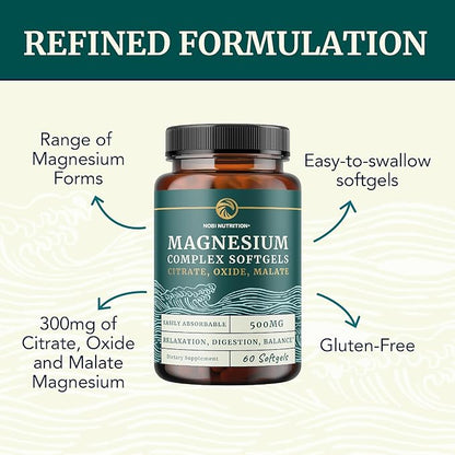 Triple Magnesium Softgels | Citrate, Malate, & Oxide | Highly Absorbable Magnesium Supplement for Digestion, Calm, Leg Cramps, & Sleep Support | 300mg Complex | Easy to Swallow Soft Gels | 60 Count