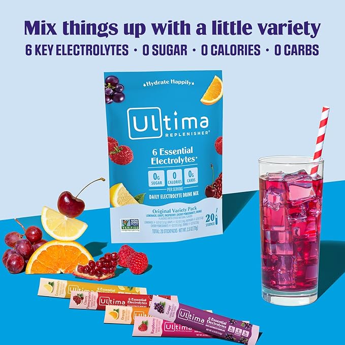 Ultima Replenisher Daily Electrolyte Powder Drink Mix – Original Variety, 20 Stickpacks – Hydration Packets with 6 Electrolytes and Minerals – Keto Friendly, Vegan, Non-GMO and Sugar-Free