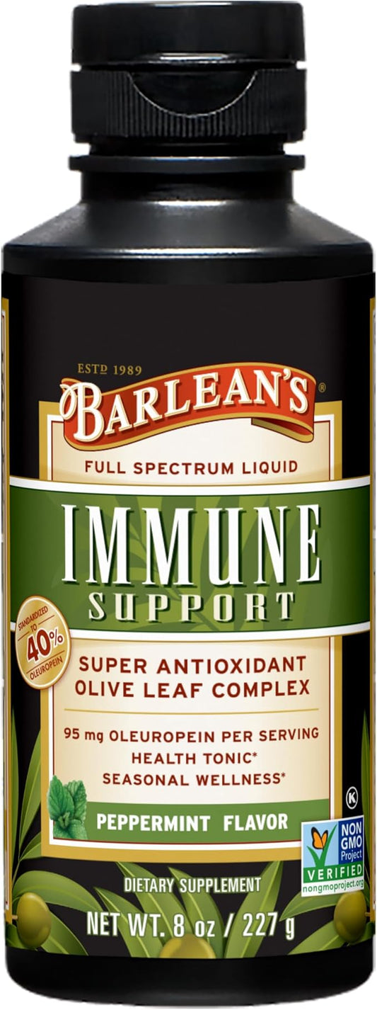 Barlean's Peppermint Olive Leaf Complex Liquid Immune Support Supplement with 95mg Oleuropein Antioxidants, 8 Ounce