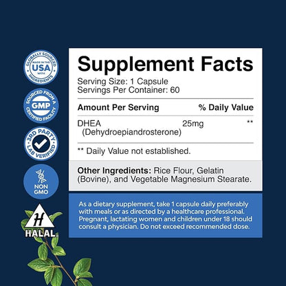Pure DHEA 25mg for Women and Men - Extra Small Capsule High Absorption DHEA Supplement for Women & Men Mood Energy and Immune Support - & Women's Hormone Balance Supplement (2 Month Supply)