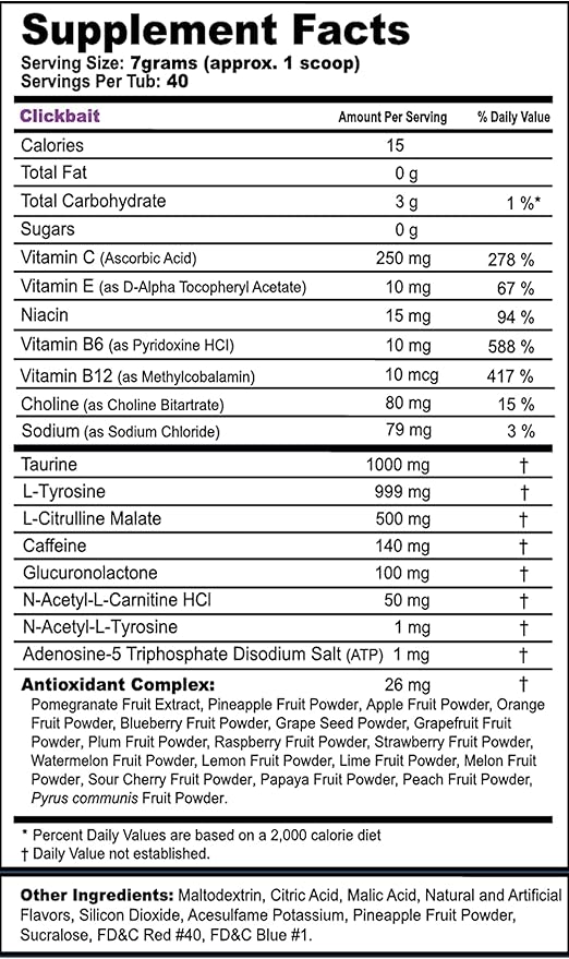 G Fuel Clickbait Energy Drink Powder, Pre Workout Caffeine Mix for Gaming, Sugar Free Focus Amino, Vitamin + Antioxidants, 9.8oz (Cherry Pomegranate, 40 Servings)