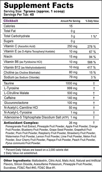 G Fuel Clickbait Energy Drink Powder, Pre Workout Caffeine Mix for Gaming, Sugar Free Focus Amino, Vitamin + Antioxidants, 9.8oz (Cherry Pomegranate, 40 Servings)