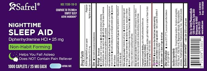 Safrel Nighttime Sleep Aid, Diphenhydramine HCl 25mg (1000 Count 1), 1000, 1000, Count)