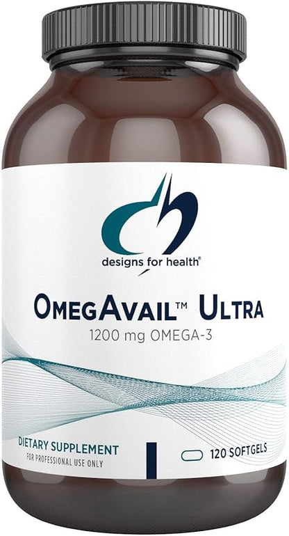 Designs for Health OmegAvail Ultra TG 1200mg - 1000 IU D3, Vitamins K1 + K2 - 3 Fish (120 Softgels)