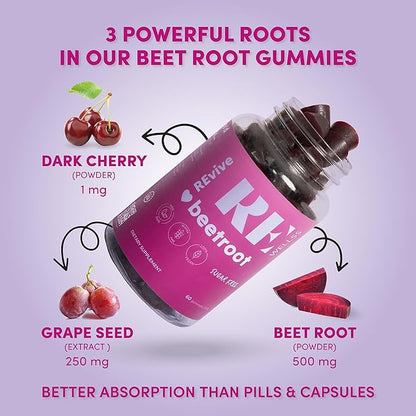 Beet Root Gummies with Grape Seed Extract Energy Supplements I Sugar Free Nitric Oxide Supplements for Men & Women I Heart Healthy Energy & Blood Pressure Support I 60 Gummies - Cherry Flavor