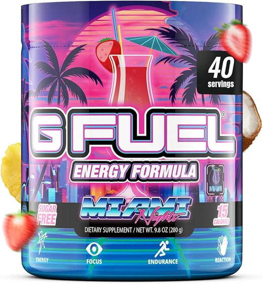 G Fuel Miami Nights Energy Drink Powder, Pre Workout Caffeine Mix for Gaming, Sugar Free Focus Amino, Vitamin + Antioxidants, 9.9oz (Strawberry Pina Colada, 40 Servings)