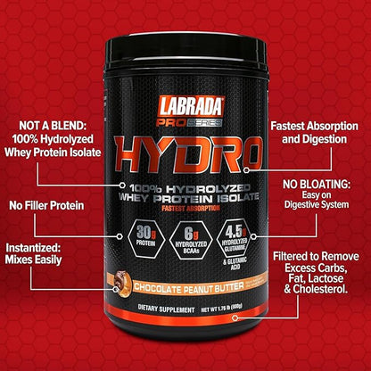 LABRADA HYDRO 100% Pure Hydrolyzed Whey 6g BCAA’s, 4.5g Glutamine, 20 Servings