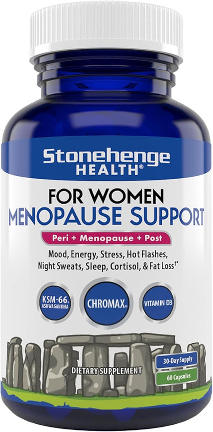Stonehenge Health for Women Menopause Support for Peri + Menopause + Post - Mood, Energy, Stress, Hot Flashes, Night Sweats, Sleep & Cortisol, Chromax Chromium, Vitamin D3, KSM-66 Ashwagandha Extract