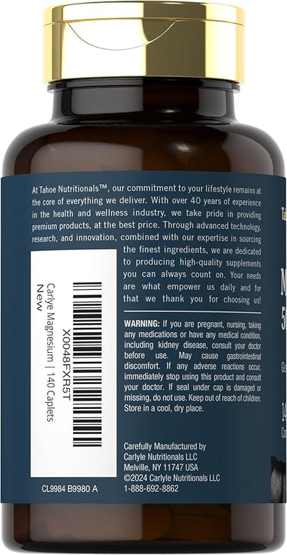 Tahoe Nutritionals Magnesium | 500mg | 140 Coated Caplets | Non-GMO and Gluten Free Supplement