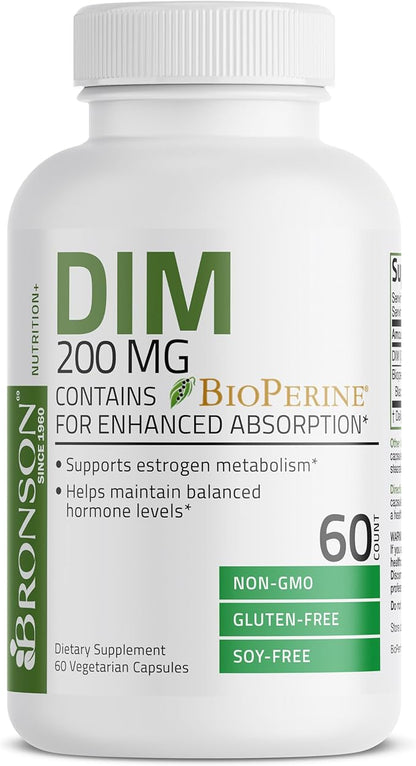 Bronson DIM 200 MG Supplement Diindolymethane with BioPerine for Enhanced Absorption, Estrogen Metabolism & Maintains Balanced Hormone Levels, 60 Vegetarian Capsules