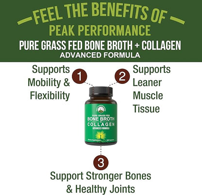 Bone Broth Collagen Capsules. 180 Pills of Grass Fed Bone Broth Collagen Protein Peptides. Contains All 3 Types 1, 2, and 3. Pure Pasture Raised Paleo Friendly Tablets for Women and Men