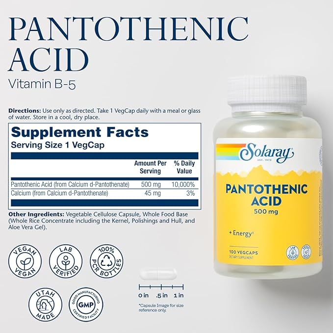 Solaray Pantothenic Acid 500mg - Vitamin B 5 for Coenzyme-A Production and Energy Metabolism, Hair, Skin, and Nails Support - Vegan, Lab Verified, 60-Day Guarantee - 100 Servings, 100 VegCaps