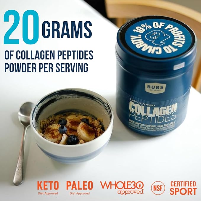 BUBS Naturals Unflavored Collagen Peptides Powder Whole30 Approved, (20oz) 28 28 Servings