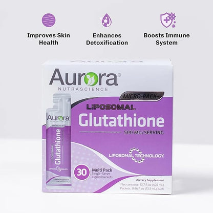 Aurora Nutrascience Micro-Liposomal Liquid Glutathione, Immune System Support, Antioxidant, 500 mg per Serving (10mL), 30 Single-Serve Packets, Gluten Free, Non-GMO, Sugar-Free, 10 fl oz (300mL)