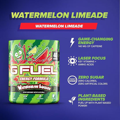 G Fuel Watermelon Limeade Energy Drink Powder, Pre Workout Caffeine Powder, Energy Powder Drink Mix for Gaming, Sugar Free Focus Amino, Vitamin + Antioxidants, 9.9oz (Watermelon Limeade, 40 Servings)