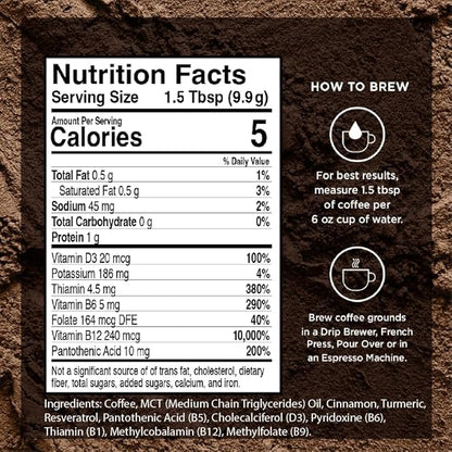 VitaCup Genius Ground Keto Coffee w/Turmeric, MCT Oil, B Vitamins, D3, Ground Coffee Medium Dark Roast, Bold & Smooth, 100% Arabica Coffee Grounds, 4 bags, 11oz each