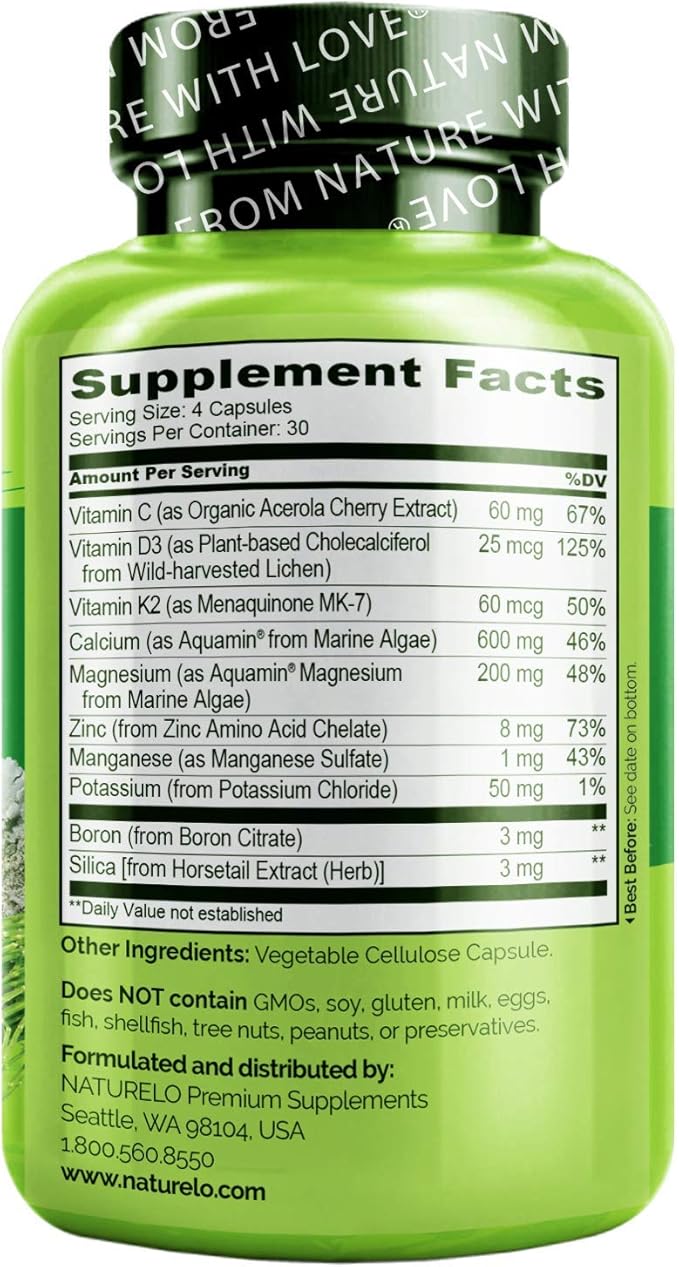 NATURELO Calcium Supplement 600mg, Vitamin D3, K2, K2, C, 120 Vegetarian