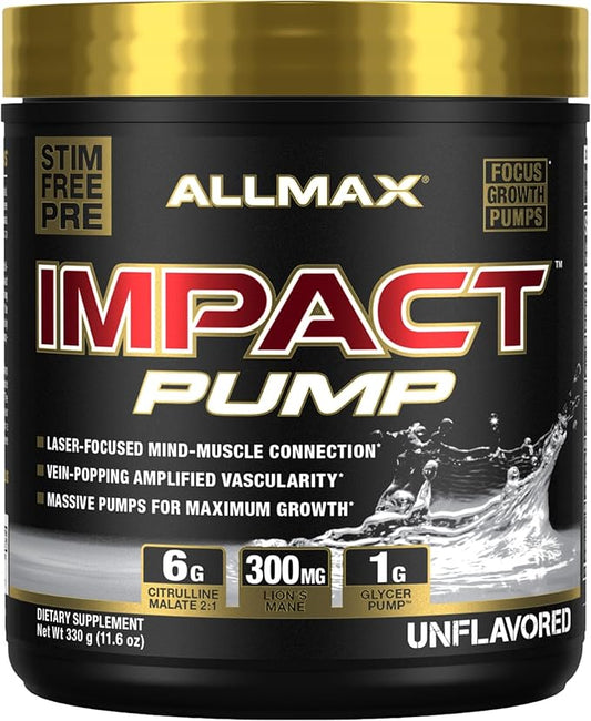 ALLMAX Impact Pump, Unflavored - 330 g - Stim-Free Pre-Workout Formula - Boosts Pumps & Mind-Muscle Connection - with Citrulline Malate & Lion’s Mane - Up to 30 Servings