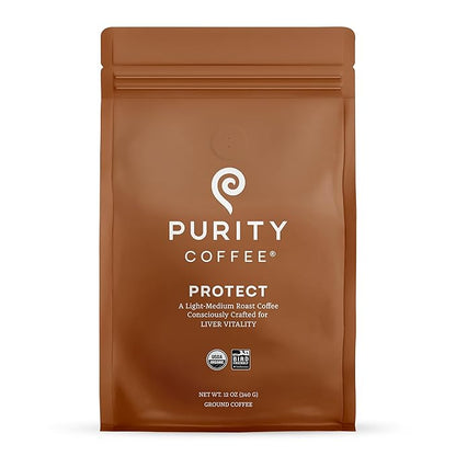 Purity Coffee PROTECT Light-Medium Roast Ground Coffee for Liver Vitality - USDA Organic and Third-Party Tested for Antioxidants, Mold, Mycotoxins and Pesticides - 12oz