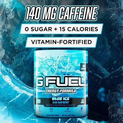 G Fuel Blue Ice Energy Drink Powder, Pre Workout Caffeine Mix for Gaming, Sugar Free Focus Amino, Vitamin + Antioxidants, 9.9oz (Blue Raspberry, 40 Servings)
