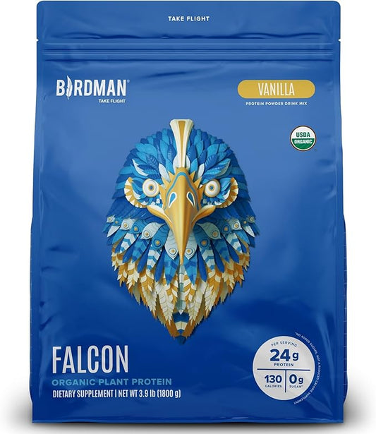 BIRDMAN Falcon Vegan Protein Powder Organic, Stevia & Sugar Free, Plant Based Protein, Low Carb, Dairy Free, Keto, Non Whey Protein, Probiotic, Pea Protein | Vanilla Flavor - 60 Servings - 3.9 lb