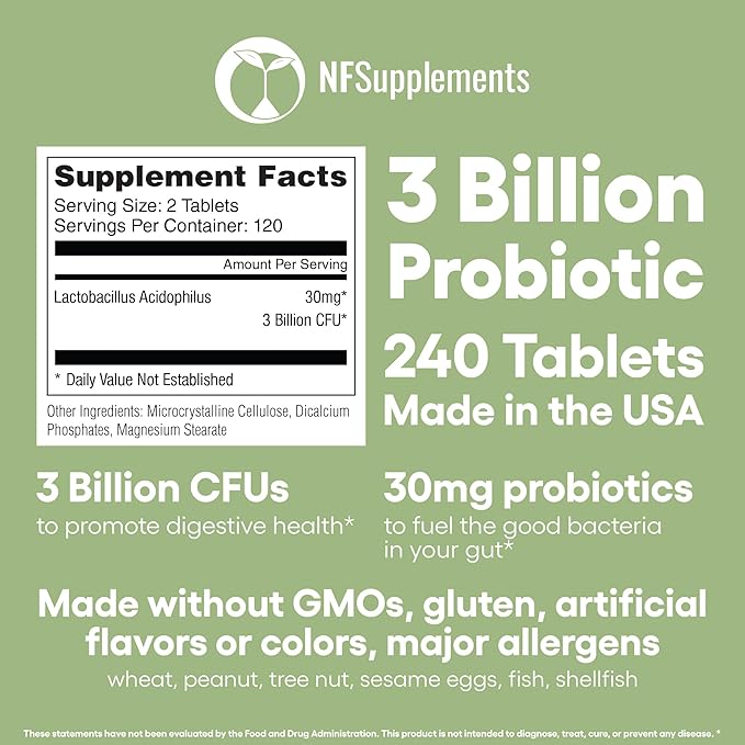 Lactobacillus Acidophilus Probiotic Supplement 240 Tablets 3 Billion CFU Probiotics for Men & Women Supports Intestinal Digestive & Gut Health Made in The USA (240, Lactobacillus Acidophilus)