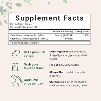 Vitamin D3 2,000 iu Plus K2 (MK-7) 50 50 mcg, 300 Virgin 2 in 1 Vitamins