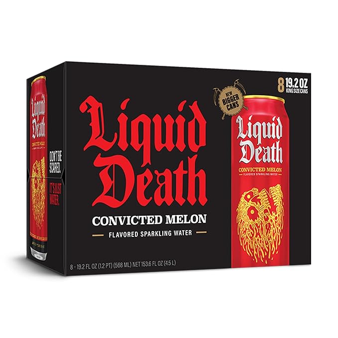 Liquid Death, Convicted Melon Sparkling Water, 8-Pack (King Size 19.2oz Cans), Watermelon Flavored Sparkling Beverage Sweetened With Real Agave, Low Calorie & Low Sugar