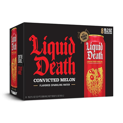 Liquid Death, Convicted Melon Sparkling Water, 8-Pack (King Size 19.2oz Cans), Watermelon Flavored Sparkling Beverage Sweetened With Real Agave, Low Calorie & Low Sugar