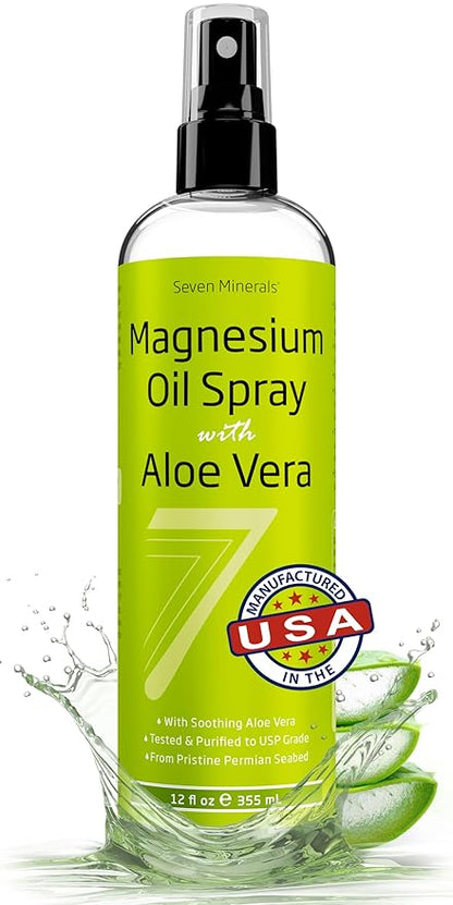 Seven Minerals, Magnesium Oil Spray with Aloe Vera - Less Itchy - Use as Magnesium Spray Deodorant - Made in USA - Get Healthy Hair & Skin and Sleep Better - Free eBook Included (Big 12 oz)