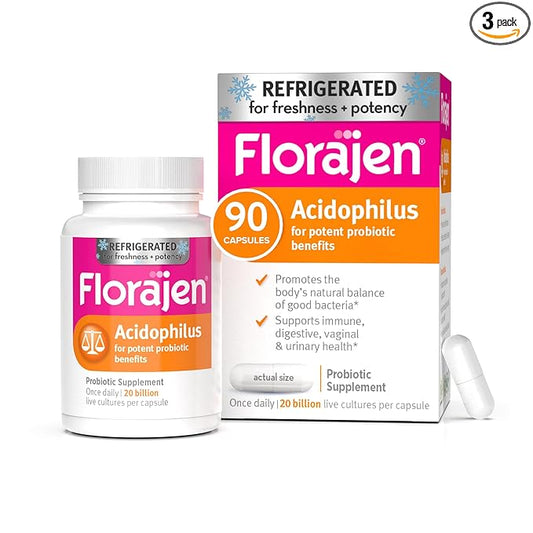 Florajen Acidophilus Probiotics, Gut Health, Vaginal Health, and Immune Support Supplement, Constipation and Bloating Relief for Adults, 90 Capsules (Refrigerated)