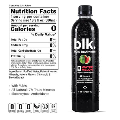blk. Natural Mineral Alkaline Water, Watermelon, 500 mL Pack of 12, 8 pH Water, Bioavailable Fulvic & Humic Acid Extract, Trace Minerals, Electrolytes to Hydrate, Repair & Restore Cells