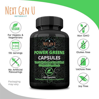 NGU Super Greens Immune System Support 500 mg 120 Vegan Capsules Contains Mixed Superfoods for Daily Booster Healthy Keto Blend w/Acai, Wheatgrass, Guarana, Chlorella, Flaxseed, Matcha, Maca