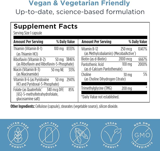 Designs for Health Methylated Vitamin B Complex B12 Vitamins, B1, B3, B3, Niacin, B6, Folate (120 Capsules)